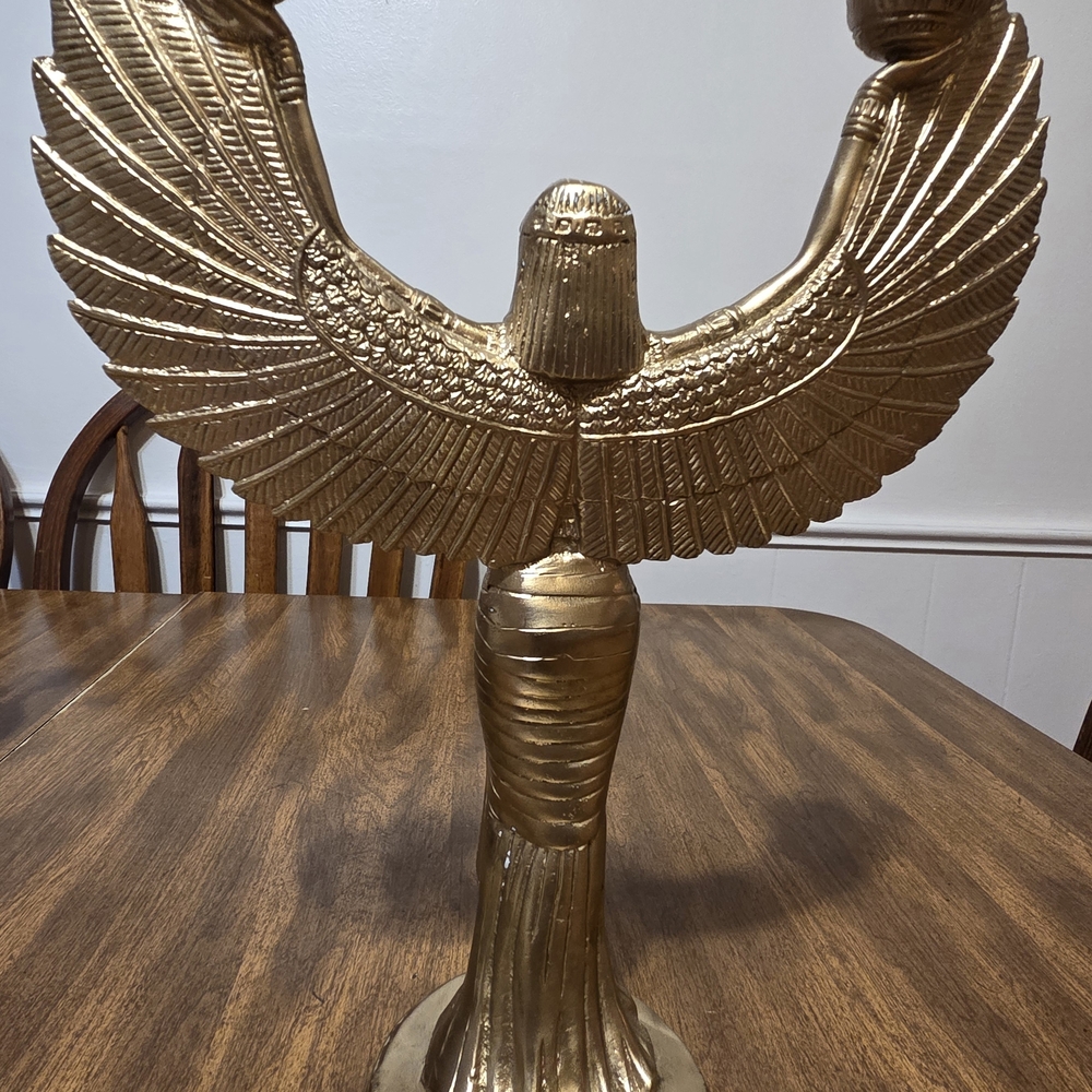 Brass Isis Eygptian Gold Winged Statue With Candle Holders